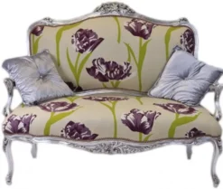 Casa Padrino Barock Sitzbank Creme mit Blumen Muster und Silber, Massivholz, 130 x 110 x 55 cm