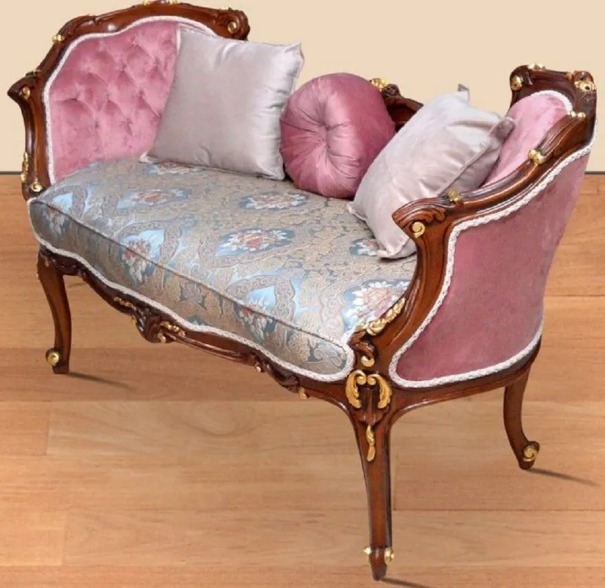 Casa Padrino Barock Sitzbank Mehrfarbig / Rosa / Braun / Gold 150 x 55 x H. 80 cm - Prunkvolle Massivholz Bank mit edlem Blumenmuster - Möbel im Barockstil