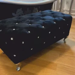 Casa Padrino Barock Sitzbank mit Glitzersteinen Schwarz / Silber 100 cm - Barock Möbel