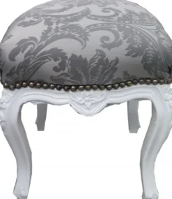Casa Padrino Barock Sitzhocker Grau Muster / Weiß Höhe 40 cm, Breite 35 cm - Barock Möbel