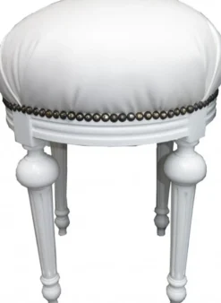 Casa Padrino Barock Sitzhocker - Rundhocker Weiß Lederoptik / Weiß - Barock Hocker Möbel