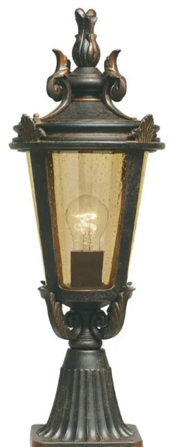 Casa Padrino Barock Sockelleuchte Antik Schwarz / Bronze / Bernsteinfarben Ø 22,5 x H. 56 cm - Wetterfeste Garten Terrassen Außenleuchte Stehleuchte Gartenlaterne - Nostalgische Außenbeleuchtung