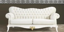 Casa Padrino Barock Sofa Creme / Weiß / Gold 224 x 83 x H. 112 cm - Wohnzimmer Sofa mit Glitzersteinen - Edle Barock Möbel