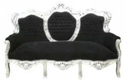 Casa Padrino Barock Sofa Garnitur King Schwarz/Silber - Luxus Couch aus massivem Echtholz - 184 x 81 x 125 cm