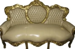 Casa Padrino Barock Sofa Garnitur Master Creme Lederoptik Gold mit Bling Bling Steinen 180 x 125 x 81 cm