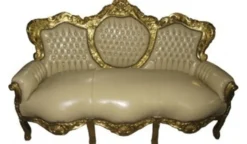 Casa Padrino Barock Sofa King Creme Lederoptik / Gold - Antik Stil Möbel - 180 x 125 x 81 cm