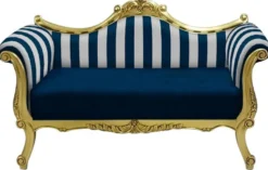 Casa Padrino Barock Sofa mit Streifen Blau / Weiß / Gold - Handgefertigtes Wohnzimmer Sofa im Barockstil - Barock Wohnzimmer Möbel