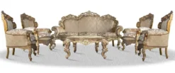 Casa Padrino Barock Sofa Set 3er Sofa 4 Sessel und Tisch mit Glasplatte - Antik Stil Gold 220 x 70 x 130 cm