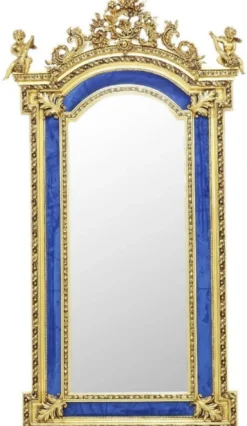 Casa Padrino Barock Spiegel Gold / Blau - Barockstil Spiegel mit eleganten Verzierungen - Rechteckiger Barockstil Wandspiegel - Barock Garderoben Spiegel - Barock Möbel - Möbel Barockstil