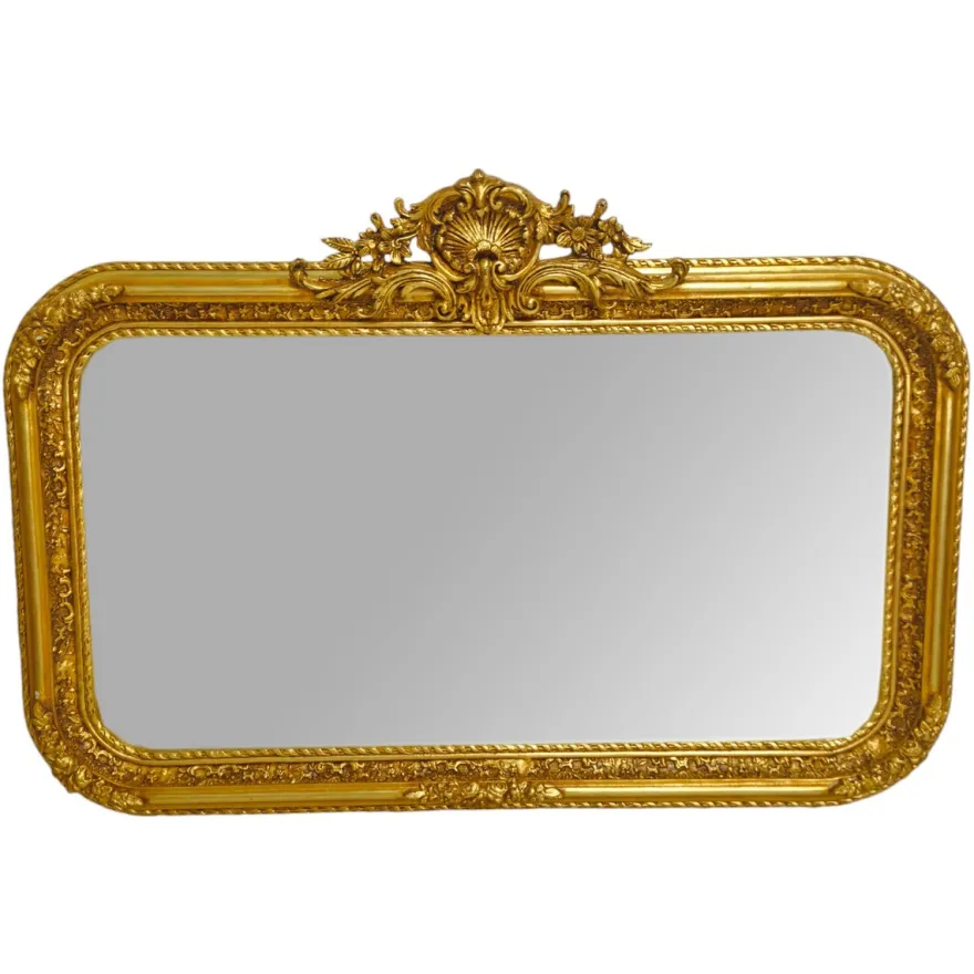 Casa Padrino Barock Spiegel Gold 140 x H. 100 cm - mit Muschel Bekrönung - Prunkvoller Wandspiegel im Barockstil - Antik Stil Garderoben Spiegel - Wohnzimmer Spiegel - Barock Möbel