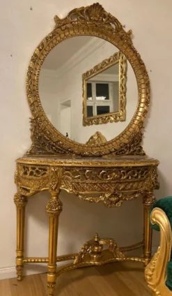Casa Padrino Barock Spiegelkonsole mit Marmorplatte Gold / Grau - Prunkvolle Barock Konsole mit Spiegel - Garderoben Möbel Barockstil - Barock Möbel - Antik Stil Möbel - Edel & Prunkvoll