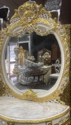 Casa Padrino Barock Spiegelkonsole mit Marmorplatte Weiß / Mehrfarbig / Gold - Prunkvolle Barock Konsole mit Spiegel - Garderoben Möbel Barockstil - Barock Möbel - Antik Stil Möbel
