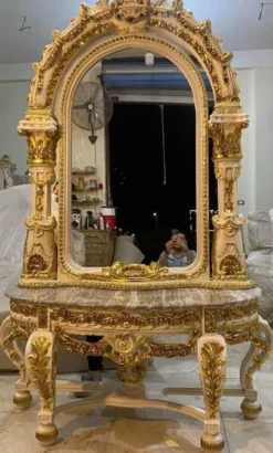 Casa Padrino Barock Spiegelkonsole mit Marmorplatte Creme / Gold / Grau - Prunkvolle Barock Konsole mit Spiegel - Garderoben Möbel Barockstil - Barock Möbel - Antik Stil Möbel - Edel & Prunkvoll