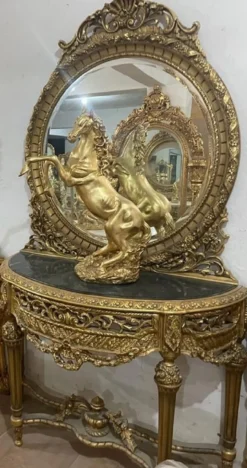 Casa Padrino Barock Spiegelkonsole mit Marmorplatte Gold / Schwarz - Prunkvolle Barock Konsole mit Spiegel - Handgefertigte Barock Möbel