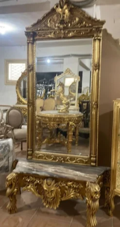 Casa Padrino Barock Spiegelkonsole mit Marmorplatte Gold / Grau - Barock Konsole mit Spiegel - Barock Möbel - Edel & Prunkvoll