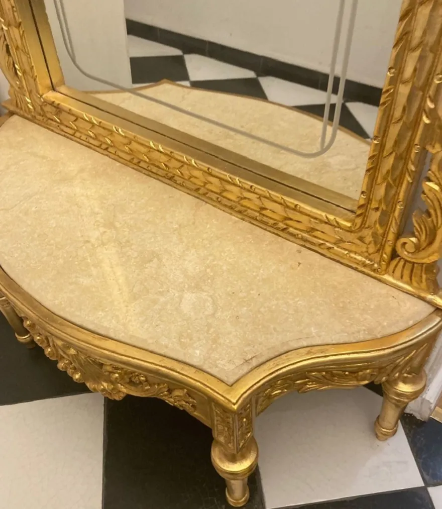 Casa Padrino Barock Spiegelkonsole mit Marmorplatte Gold / Creme - Prunkvolle Barock Konsole mit Spiegel - Garderoben Möbel Barockstil - Barock Möbel - Antik Stil Möbel - Edel & Prunkvoll