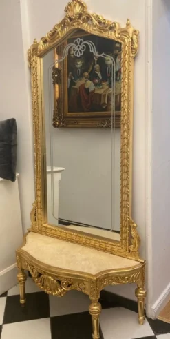 Casa Padrino Barock Spiegelkonsole mit Marmorplatte Gold / Creme - Prunkvolle Barock Konsole mit Spiegel - Garderoben Möbel Barockstil - Barock Möbel - Antik Stil Möbel - Edel & Prunkvoll