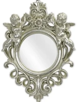Casa Padrino Barock Spiegel Silber 35,8 x H. 51 cm - Antik Stil Wandspiegel mit dekorativen Engelsfiguren - Wohnzimmer Spiegel - Garderoben Spiegel - Barock Möbel