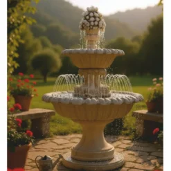 Casa Padrino Barock Springbrunnen mit Wasserdüsenring Beige Ø 153 x H. 270 cm - Prunkvoller Gartenbrunnen - Garten & Terrassen Deko