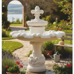 Casa Padrino Barock Springbrunnen Lilie Weiß Ø 130 x H. 140 cm - Runder Gartenbrunnen - Garten & Terrassen Deko