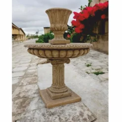 Casa Padrino Barock Springbrunnen mit Blumentopf Antik Beige H. 153 cm - Prunkvoller Gartenbrunnen