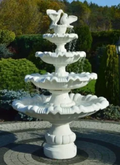 Casa Padrino Barock Springbrunnen mit 2 dekorativen Tauben Weiß Ø 135 x H. 204 cm - Prunkvoller Gartenbrunnen im Barockstil - Runder Gartendeko Stein Brunnen - Barock Garten Deko Accessoires