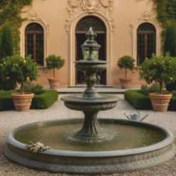 Casa Padrino Barock Springbrunnen mit Brunnenumrandung Grau Ø 400 x H. 280 cm - Nostalgischer Gartenbrunnen - Hotel Brunnen - Garten Deko