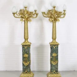 Casa Padrino Barock Stand Kronleuchter Set mit Marmor Säulen, Schwarz-Grün / Gold, Höhe 200 cm