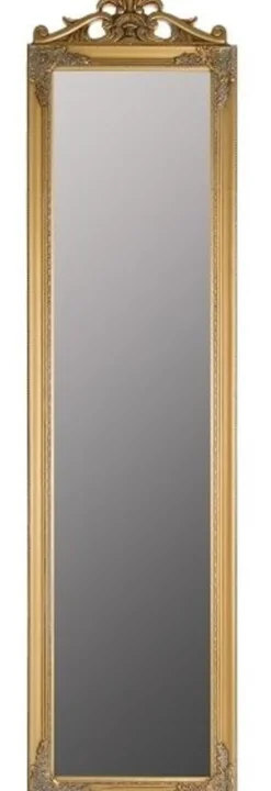 Casa Padrino Barock Standspiegel Gold mit wunderschönem antik-goldenem Barockrahmen und Ornamentaufsatz H. 180 cm - Handgefertigt