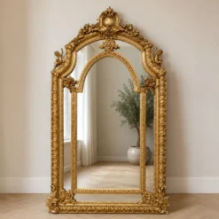 Casa Padrino Barock Standspiegel Gold 115 x H. 215 cm - mit Engelsfiguren - Handgefertigter Antik Stil Ganzkörperspiegel - Garderoben Spiegel - Schlafzimmer Spiegel - Barock Möbel
