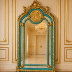 Casa Padrino Barock Standspiegel Türkis / Gold 115 x H. 220 cm - mit Medaillon und Engeln - Handgefertigter Antik Stil Ganzkörperspiegel - Garderoben Spiegel - Schlafzimmer Spiegel - Barock Möbel