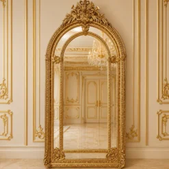 Casa Padrino Barock Standspiegel Gold 115 x H. 215 cm - mit Akanthus Schnitzerei und Schleifen Bekrönung - Handgefertigter Antik Stil Ganzkörperspiegel - Garderoben Spiegel - Schlafzimmer Spiegel - Barock Möbel