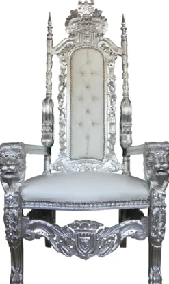 Casa Padrino Barock Thron Sessel Silber / Weiß in Lederoptik mit Glitzersteinen - Königssessel 174 cm