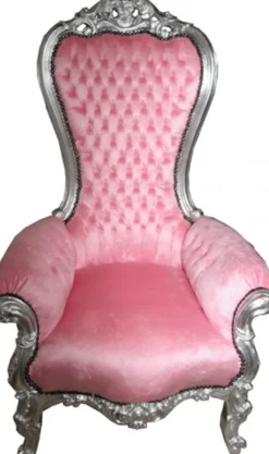 Casa Padrino Barock Thron Sessel Majestic Medium Rosa und Silber - Riesensessel aus Massivholz, 141 x 85 x 70 cm