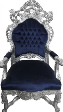 Casa Padrino Barock Thron Sessel Royalblau / Silber - Handgefertigter Königssessel aus Massivholz, 141 x 80 x 78 cm