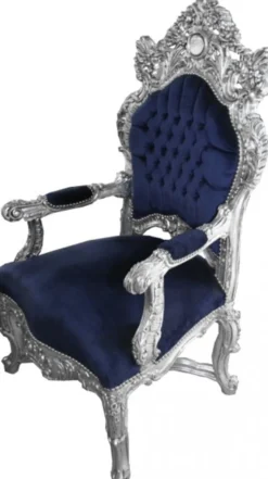 Casa Padrino Barock Thron Sessel Royalblau / Silber - Handgefertigter Königssessel aus Massivholz, 141 x 80 x 78 cm