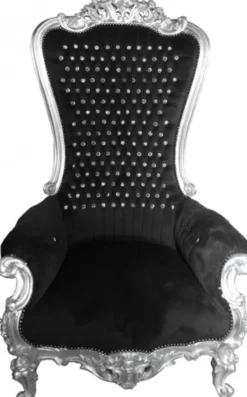 Casa Padrino Barock Thron Sessel Majestic Schwarz/Silber mit Glitzersteinen - Riesensessel - 173 x 104 x 82 cm