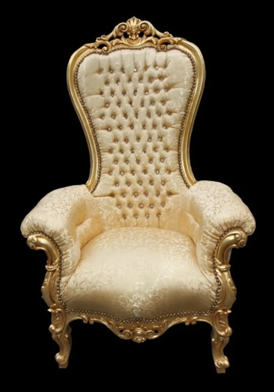 Casa Padrino Barock Thron Sessel Majestic Medium Gold Muster / Gold mit Bling Bling Glitzersteinen, 141 x 86 x 70 cm