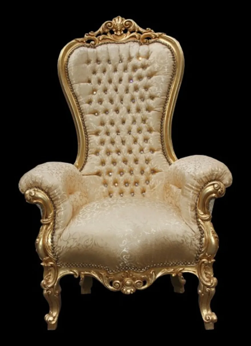 Casa Padrino Barock Thron Sessel Majestic Medium Gold Muster / Gold mit Bling Bling Glitzersteinen, 141 x 86 x 70 cm