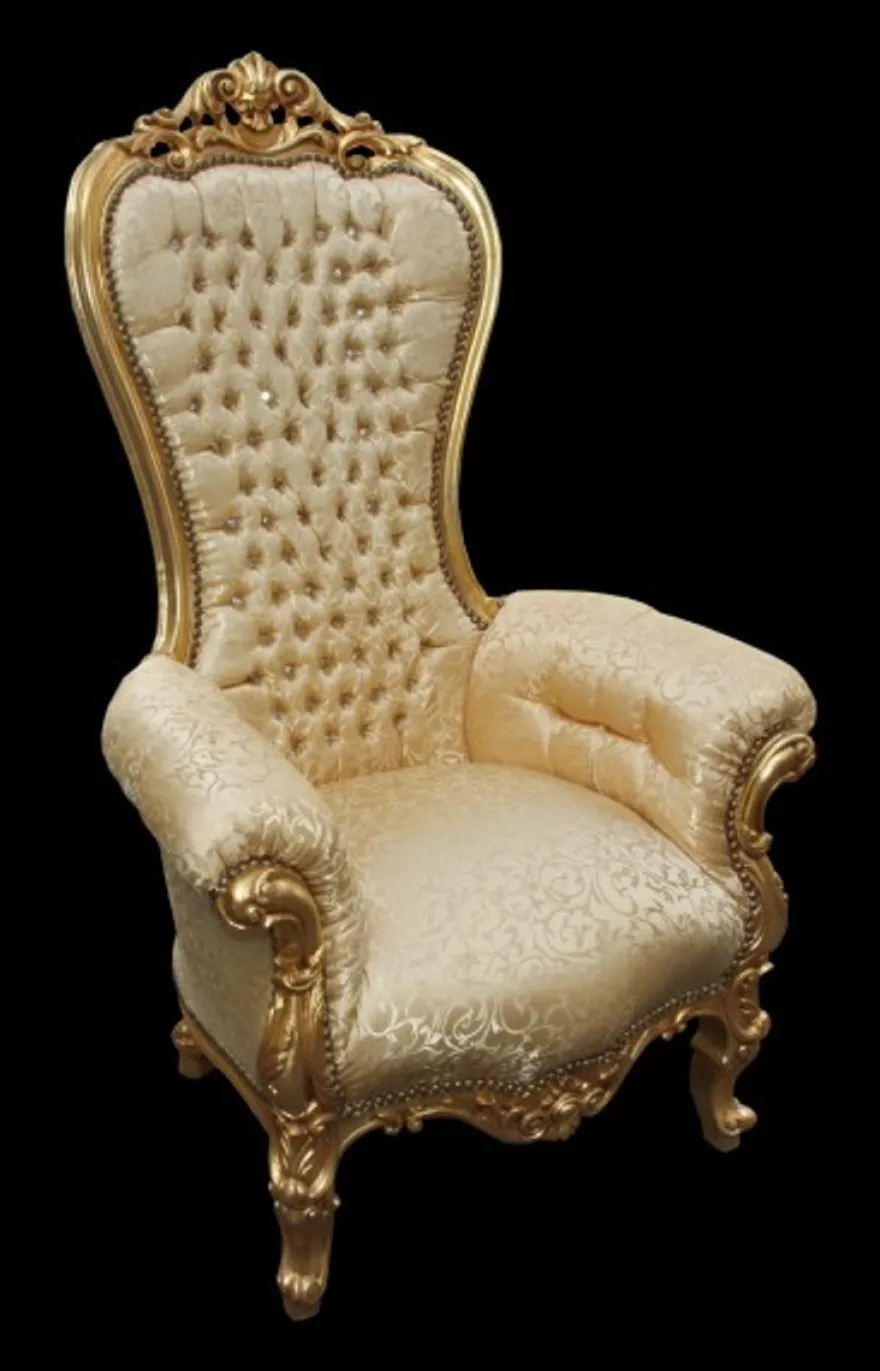 Casa Padrino Barock Thron Sessel Majestic Medium Gold Muster / Gold mit Bling Bling Glitzersteinen, 141 x 86 x 70 cm
