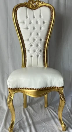 Casa Padrino Barock Thron Stuhl mit Kunstleder und Glitzersteinen Weiß / Gold - Barock Möbel Hochzeit Sessel