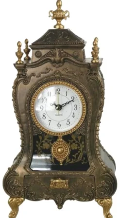 Casa Padrino Barock Tischuhr Bronze / Antik Gold 17 x 9 x H. 32 cm - Barockstil Schreibtischuhr mit Melodie - Barock Schreibtisch Deko - Barock Deko Accessoires - Barockstil Uhren