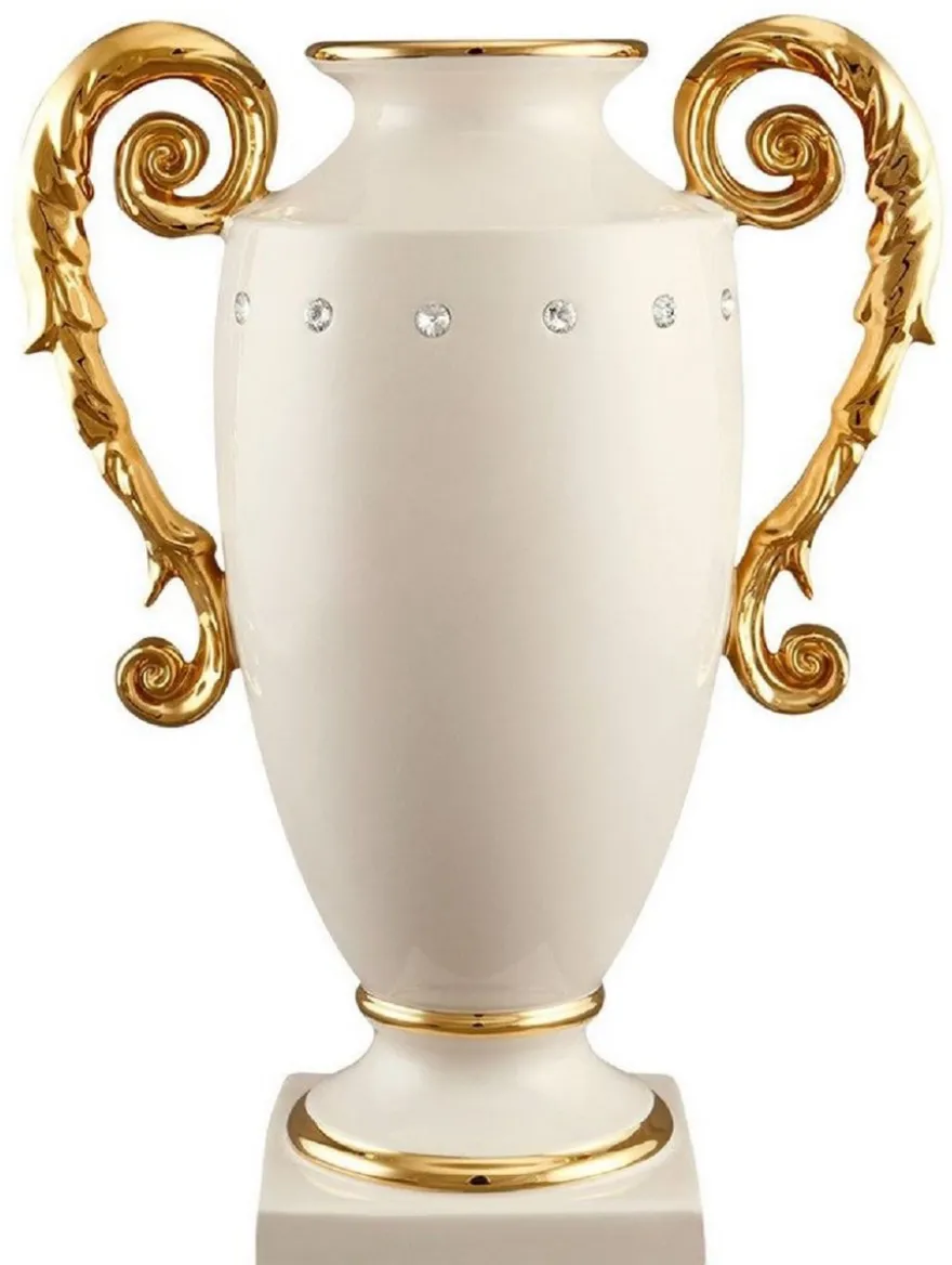 Casa Padrino Barock Vase Elfenbeinfarben / Gold 28 x 18 x H. 36 cm - Prunkvolle handgefertigte & handbemalte Keramik Blumenvase mit Swarovski Kristallglas