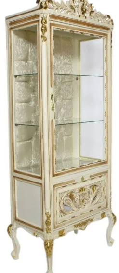 Casa Padrino Barock Vitrine Cremefarben / Beige / Gold 70 x 40 x H. 170 cm - Prunkvoller Barock Vitrinenschrank mit Glastür und Glitzersteinen - Barock Möbel