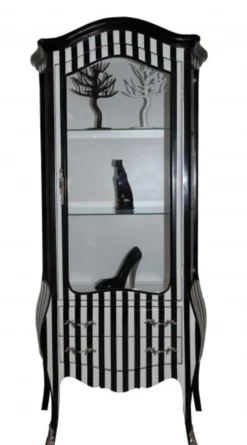 Casa Padrino Barock Vitrine im Streifendesign Schwarz/Weiß - Vitrinenschrank aus Holz und Glas - 73 x 36 x 176 cm