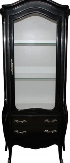 Casa Padrino Barock Vitrine im Antik Stil, Schwarz mit weisser Rueckwand und silbernen Griffen, 73 x 36 x 176 cm