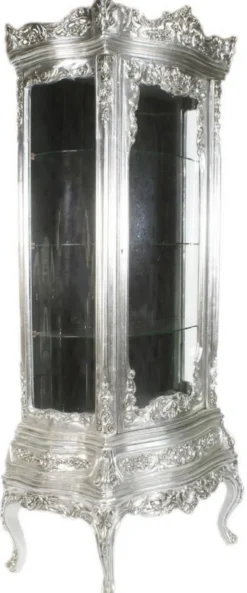 Casa Padrino Barock Vitrine Silber / Schwarz 80 x 40 x H. 200 cm - Prunkvoller Barock Vitrinenschrank mit Glastür und wunderschönen Verzierungen - Barock Möbel