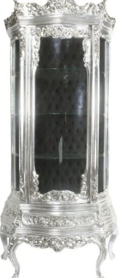 Casa Padrino Barock Vitrine Silber / Schwarz 80 x 40 x H. 200 cm - Prunkvoller Barock Vitrinenschrank mit Glastür und wunderschönen Verzierungen - Barock Möbel