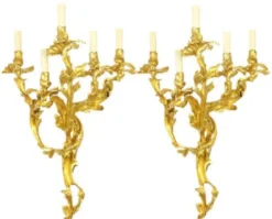 Casa Padrino Barock Wandkerzenhalter Set Gold 55 x 35 x H. 80 cm - Prunkvolle Wandkerzenhalter aus vergoldeter Bronze - Barock Wanddeko