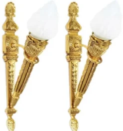 Casa Padrino Barock Wandleuchten Set Gold / Weiß 15 x 25 x H. 60 cm - Vergoldete Bronze Wandlampen im Fackel Design